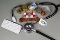 Heaps of coins, stethoscope and pack of pills