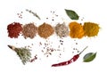 Heaps of indian powder spices with thyme and pepper