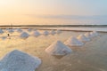 Heaps of raw sea salt piles with sea. Farm field outdoor. Nature material in salt traditional industry in Thailand. Asia culture. Royalty Free Stock Photo