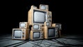 Heaps of retro, antique tv in dark room. 3d rendering.