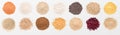 Heaps of various grains and beans on white background