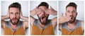 Hear no evil, see no evil, speak no evil. Composite shot of a young man pulling funny faces in studio.