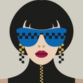 Fashionable stylish woman`s face in glasses with stylish headdress. Hear nothing, see nothing, say nothing fashion style.