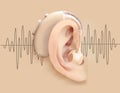 Hearing aid behind ear. Ear and sound amplifier on background of sound wave pattern. Deafness and hearing loss