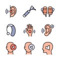 Hearing aid icons set. Volume booster for ears, for the deaf old and young. For better hearing icon set