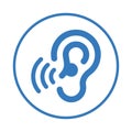 Hearing, audio, ear, eye, listen, sense, sound icon. Rounded blue vector design.