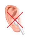 Hearing damage. Loud sound from vacuum headphones damage the inner ear. Forbidden sign earphones