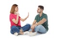 Hearing impaired friends using sign language for communication on white Royalty Free Stock Photo