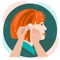 Hearing loss concept.Doctor's hands putting a hearing aid on the ear vector illustration.