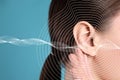 Hearing loss concept. Woman and sound waves illustration on light blue background, closeup Royalty Free Stock Photo