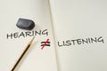 Hearing not equal listening written on book with pencil and eraser Royalty Free Stock Photo