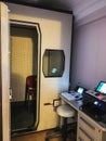 Hearing test booth in an audiology center. Audiometry, hearing screening