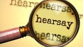 Hearsay and a magnifying glass on English word Hearsay to symbolize studying, examining or searching for an explanation and