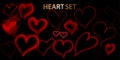 Heart hand drawn icons set isolated on black background. Hearts for web site, poster,placard,wallpaper and Valentine`s day. Collec