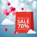 Valentines day sale poster of valentine balloon and hearts pattern on blue background.