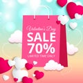 Valentines day sale poster of valentine balloon and hearts pattern on colorful background.