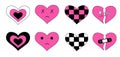 Collection hearts in emo style. Y2k. Black and pink set. Chessboard print. Broken heart with pin and patch Royalty Free Stock Photo
