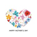 Heart with abstract colorful flowers, hearts and butterflies. Happy Mother`s Day greeting card Royalty Free Stock Photo