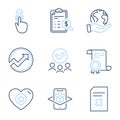 Heart, Accounting report and Delete file icons set. Swipe up, Audit and Augmented reality signs. Vector