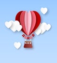 Heart air balloon. Paper cut hot air balloon with white clouds in heart shape happy valentines day invitation card