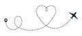 Heart airplane dotted path. Travel heart line route. Point aircraft path flight map. Vector trip plan airline trace