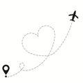Heart airplane travel route line for romantic journey concep