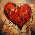 Art piece with a vibrant heart surrounded by cubist shapes and shadows. AI generation