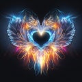 Heart with angel wings and rays of colored rainbow light black background. Heart as a symbol of affection and Royalty Free Stock Photo