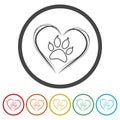 Heart with animals footprint ring icon, color set Royalty Free Stock Photo