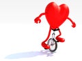 Heart with arms and legs rides a unicycle