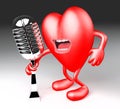 Heart with arms, legs, singing with an old microphone