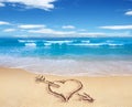 Heart with arrow, as love sign, drawn on the beach shore, with t