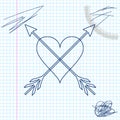 Heart with arrow line sketch icon isolated on white background. Happy Valentine`s day. Cupid dart pierced to the heart Royalty Free Stock Photo