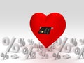 Heart as bankomat and credit card on percentage background. Online shopping during Valentines Day