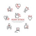 Heart Attack banner, line icons. Symptoms, Treatment. Vector signs for web graphics. Royalty Free Stock Photo