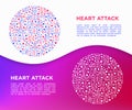 Heart attack symptomps concept in circle thin line icons: dizziness, dyspnea, cardiogram, panic attack, weakness, acute pain,