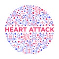 Heart attack symptomps concept in circle thin line icons: dizziness, dyspnea, cardiogram, panic attack, weakness, acute pain,