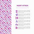 Heart attack symptomps concept wiht thin line icons: dizziness, dyspnea, cardiogram, panic attack, weakness, acute pain,