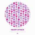 Heart attack symptoms concept in circle with thin line icons: dizziness, dyspnea, cardiogram, panic attack, weakness, acute pain,