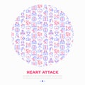 Heart attack symptoms concept in circle thin line icons: dizziness, dyspnea, cardiogram, panic attack, weakness, acute pain,