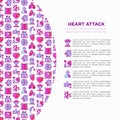 Heart attack symptoms concept wiht thin line icons: dizziness, dyspnea, cardiogram, panic attack, weakness, acute pain,
