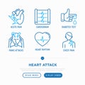 Heart attack symptoms thin line icons set: acute pain, cardiogram, diabetes test, panic attack, heart rhythm, chest pain. Modern