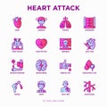 Heart attack symptoms thin line icons set: dizziness, dyspnea, cardiogram, panic attack, weakness, acute pain, cholesterol level,