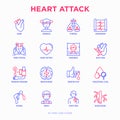 Heart attack symptoms thin line icons set: dizziness, dyspnea, cardiogram, panic attack, weakness, acute pain, cholesterol level,