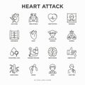 Heart attack symptoms thin line icons set: dizziness, dyspnea, cardiogram, panic attack, weakness, acute pain, cholesterol level,