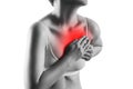 Heart attack, woman with chest pain isolated on white background, cardiovascular disease concept Royalty Free Stock Photo