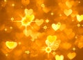 Heart background boke photo, bright yellow color. Abstract holiday, celebration and valentine backdrop.