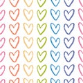 Heart background pattern. Vector seamless repeat of hand drawn textured colourful outlined love hearts.