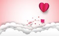 Heart balloon with letters and Valentine`s Day pink background and clouds