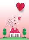 Heart balloon with a love letter and pink background and a house with a tree on Valentine`s Day